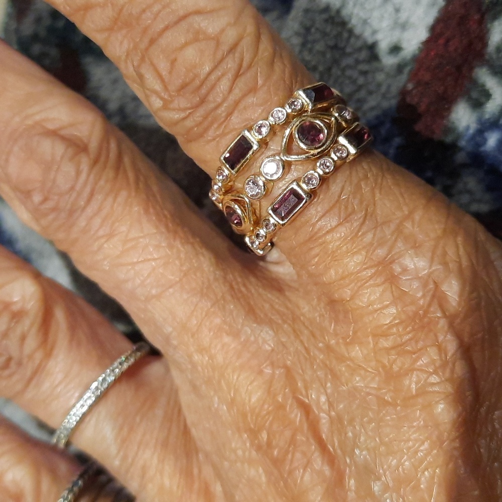 3 PIECE GENUINE 14K YELLOW GOLD OVER SOLID STERLING SILVER AMETHYST STACK RINGS